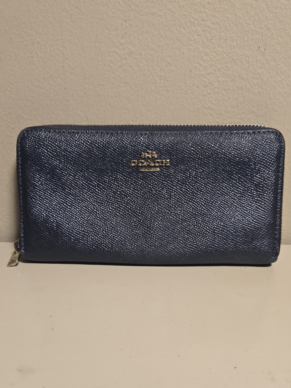 Coach Metallic Navy Zip-Around Wallet with Gold Logo